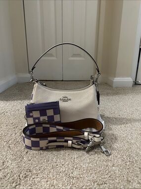 Coach Cream Teri Shoulder Bag with Purple Checkered Strap & Card Case